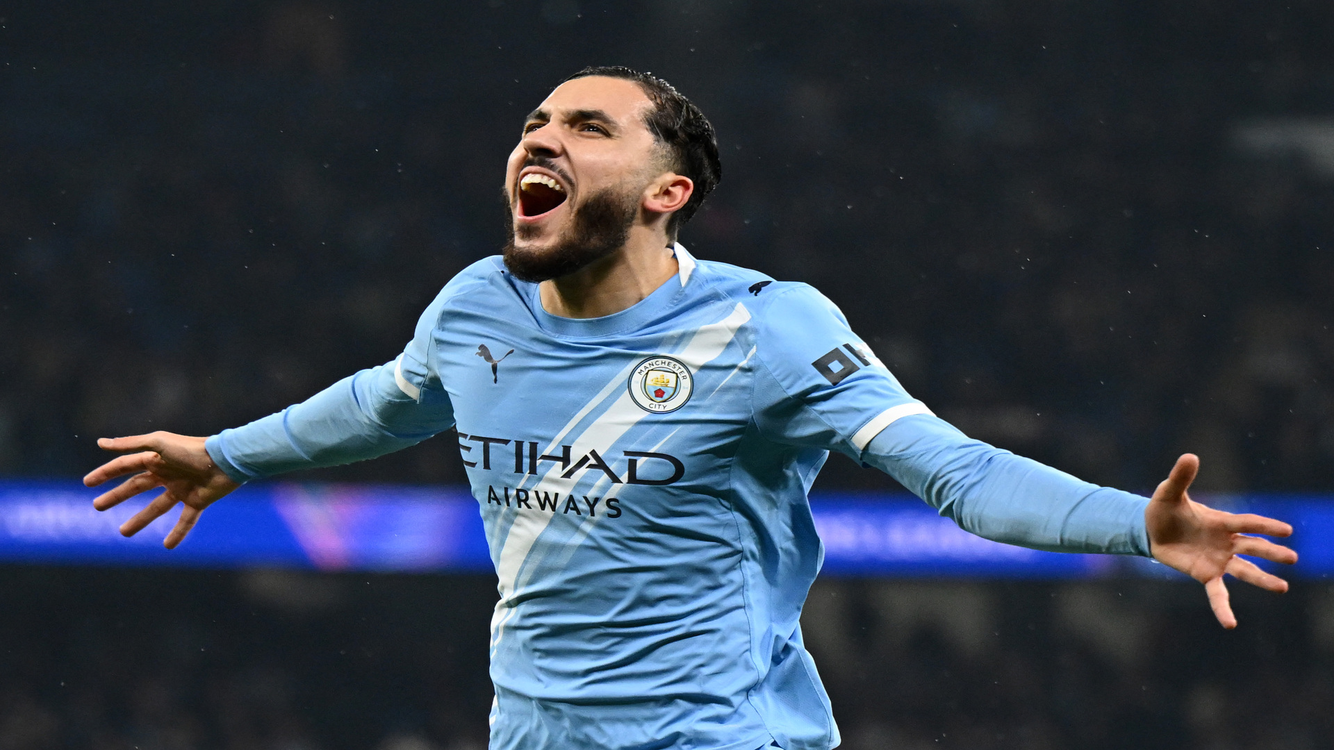 Manchester City forward Rayan Cherki celebrates scoring in the Champions League