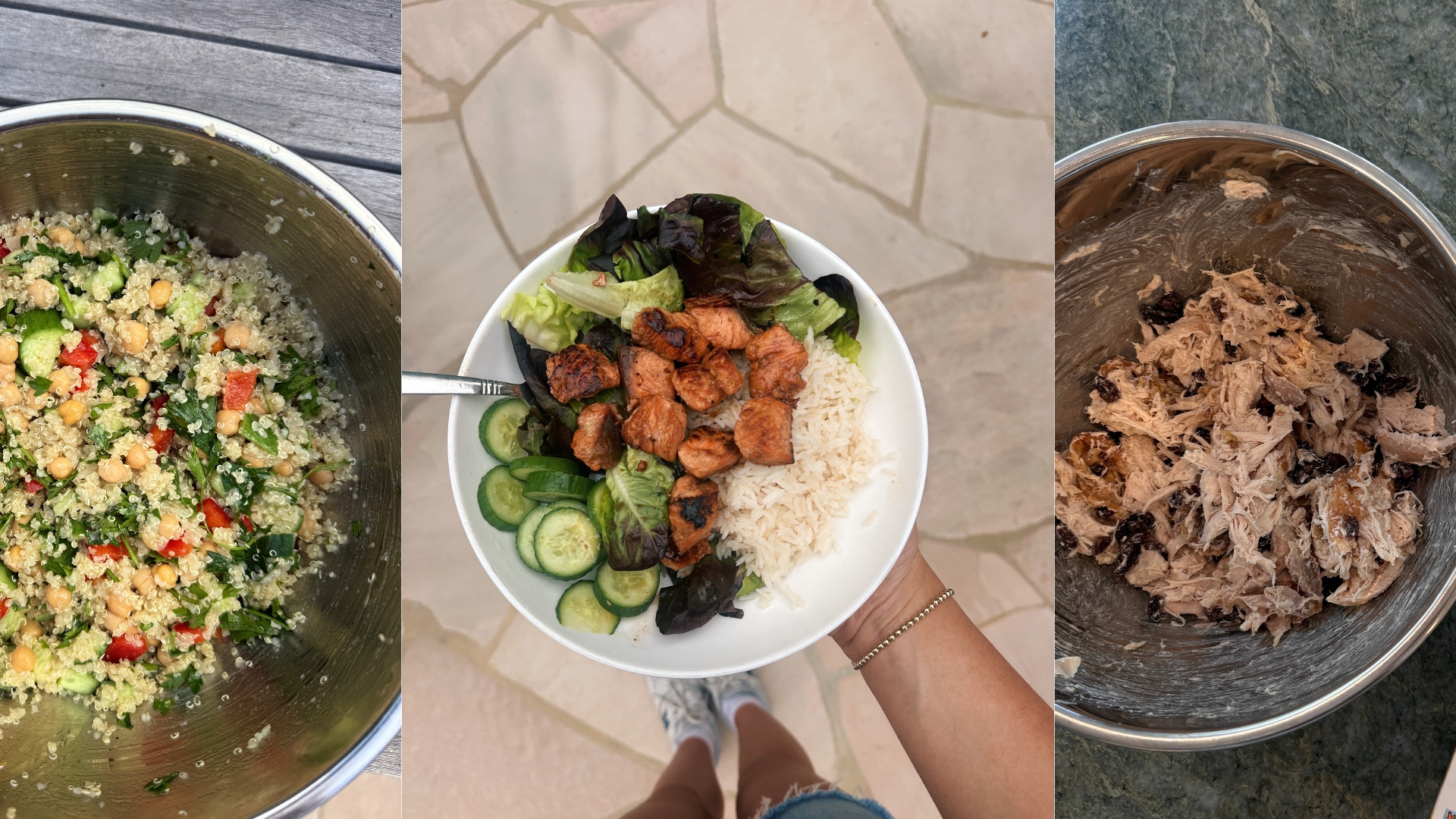 Three images side by side showing bowls of three different foods
