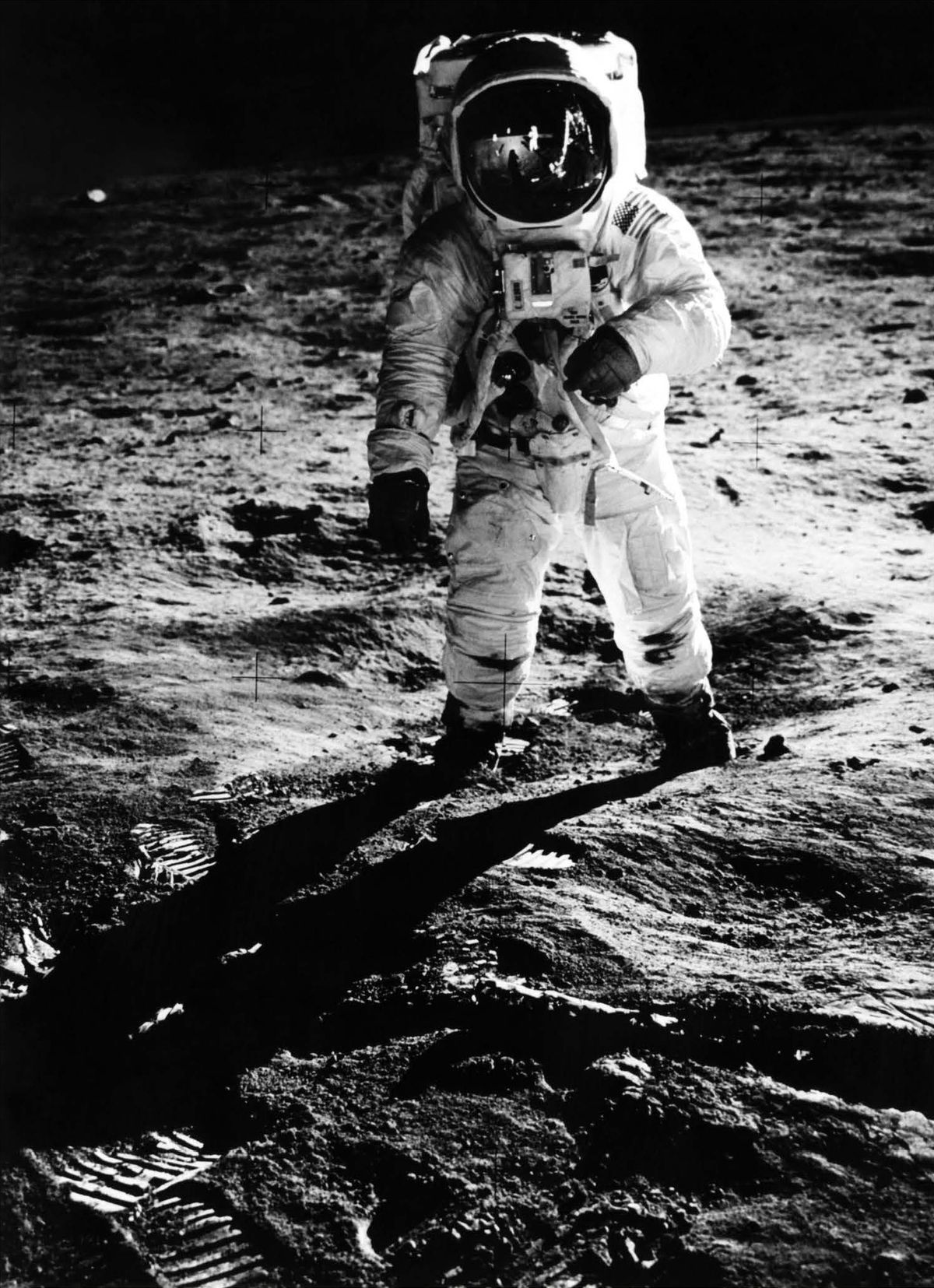 Buzz Aldrin on the surface of the moon, photographed by Neil Armstrong