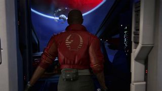 Screenshot from the video game Intergalactic: The Heretic Prophet. A person wearing a red jacket with the silhouette of a chess piece (knight) on their back. They are walking into a spaceship cockpit. A red planet is seen up ahead.