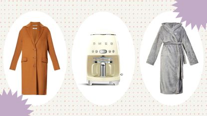 a collage image of products in the Selfridges Cyber Monday sale—including a Smeg coffee machine, a Max Mara coat, and a Soho Home robe