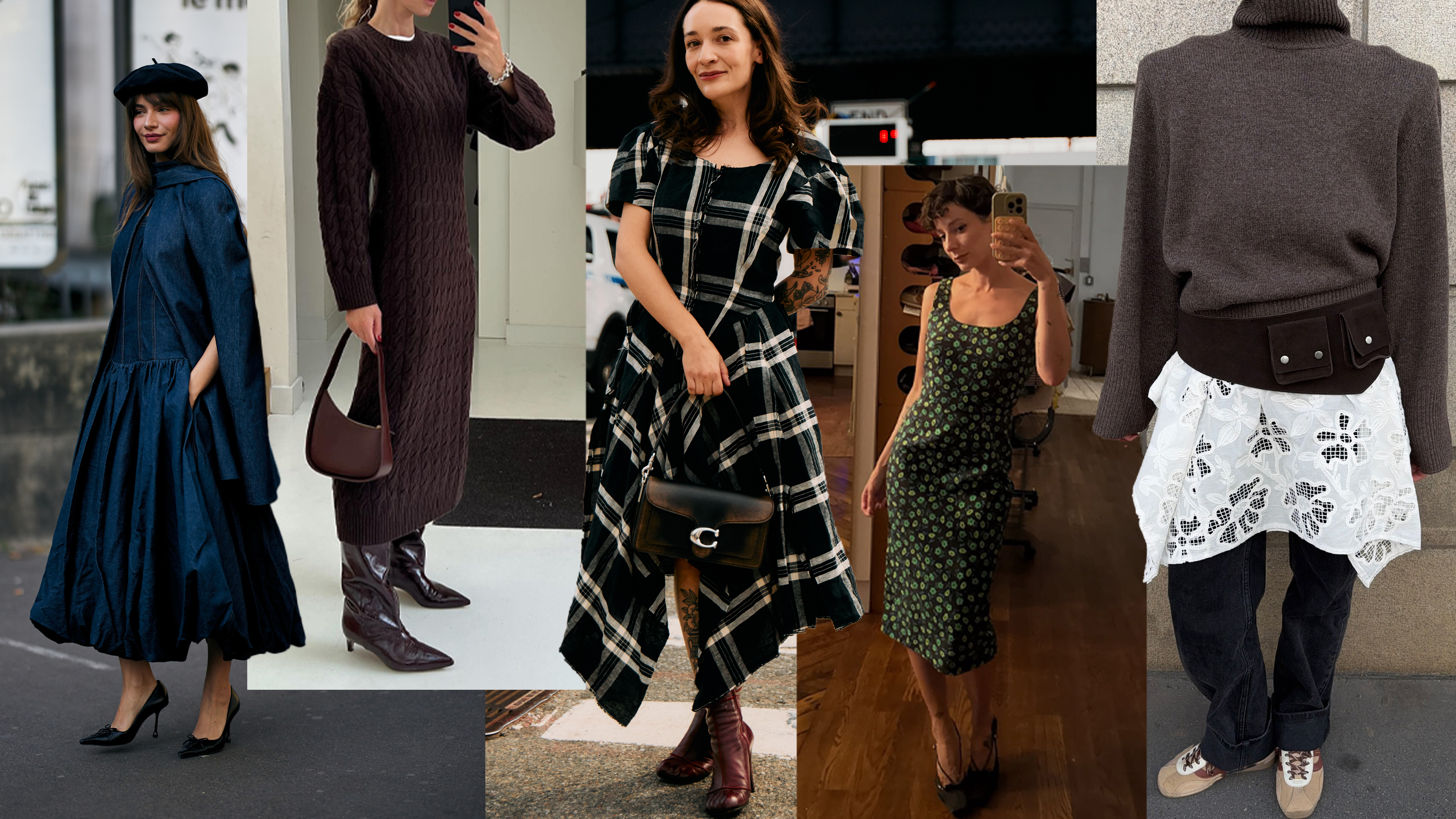 Woman in a denim bubble skirt dress, denim cape, black beret, and black stilettos. Anouk Yve is in a brown sweater dress, brown heeled boots, and a curved brown shoulder bag. Woman in plaid midi dress, burgundy boots, and Coach bag. Influencer Alyssa is in a green and black micro floral dress. Influencer Dina Hansen is wearing a lace dress over jeans, a brown turtleneck, a suede belt, and a woven leather bag. 
