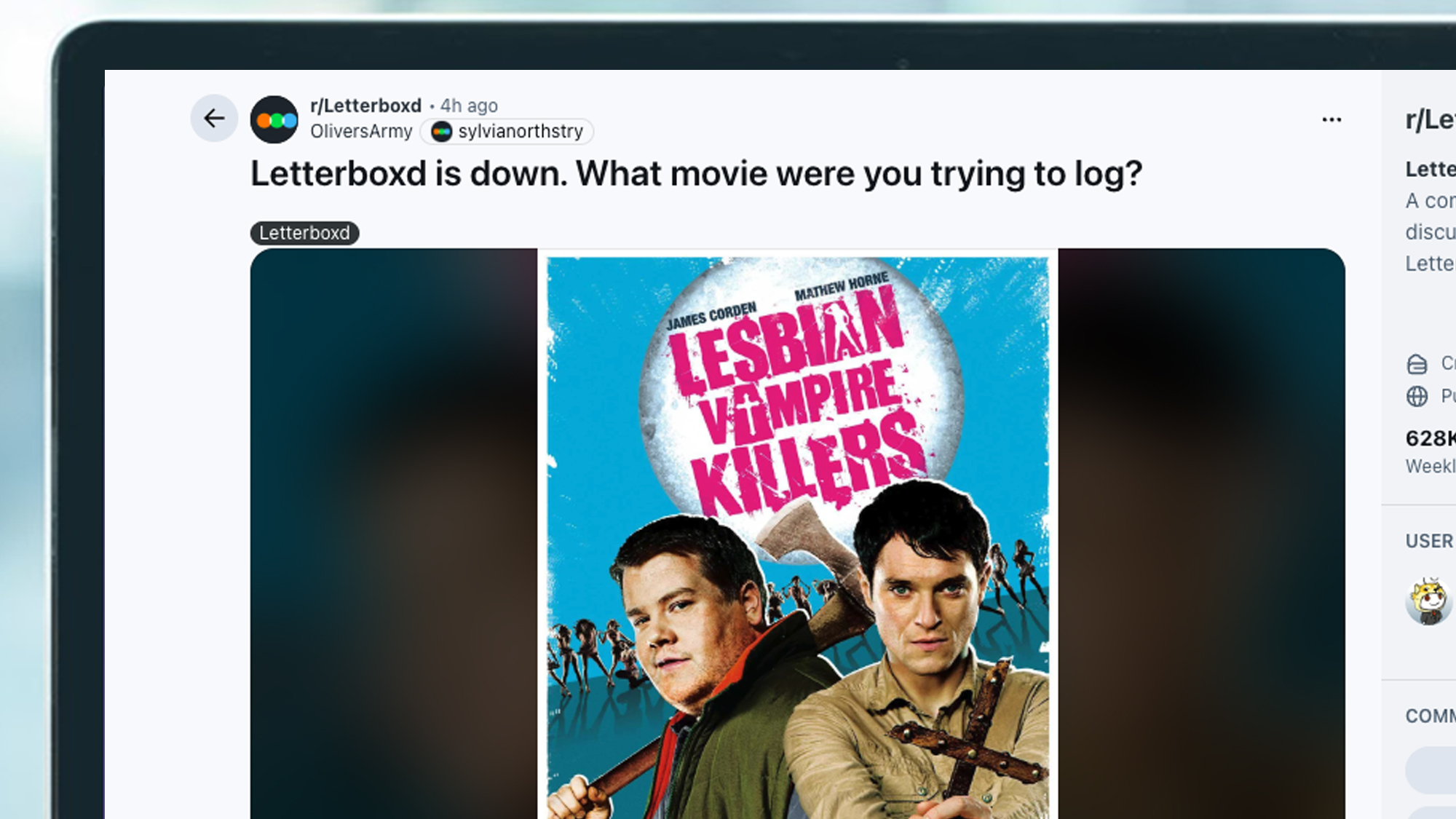 A laptop screen showing a Reddit post about Letterboxd being down