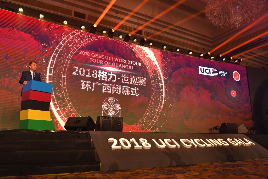 UCI President David Lappartient addresses the audience at the 2018 UCI Cycling Gala