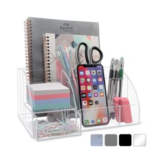 My Space Organizers Rose Gold Desk Organizer, Acrylic, 9 Compartments, Office Supplies Desk Accessories Organizer with Drawer, Pen Holder, Office