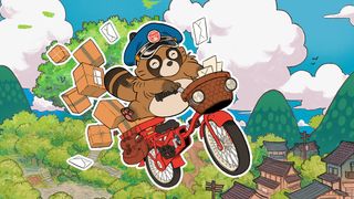 Tanuki Pon's Summer; a cartoon racoon rides a bike, letters fly from its post bag