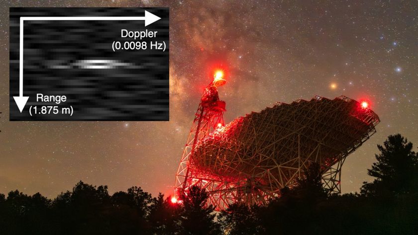 an inset image of a white smudge on a grainy black background, set against a photograph of a large dish-shaped radio antenna pointed at a starry night sky