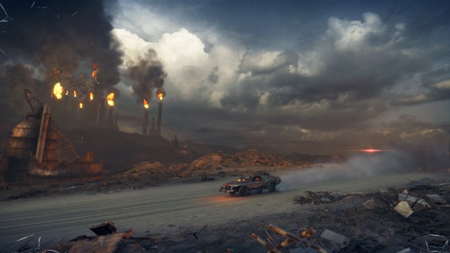Mad Max - A post-apocalyptic car drives on a dirt road beneath smoke stacks
