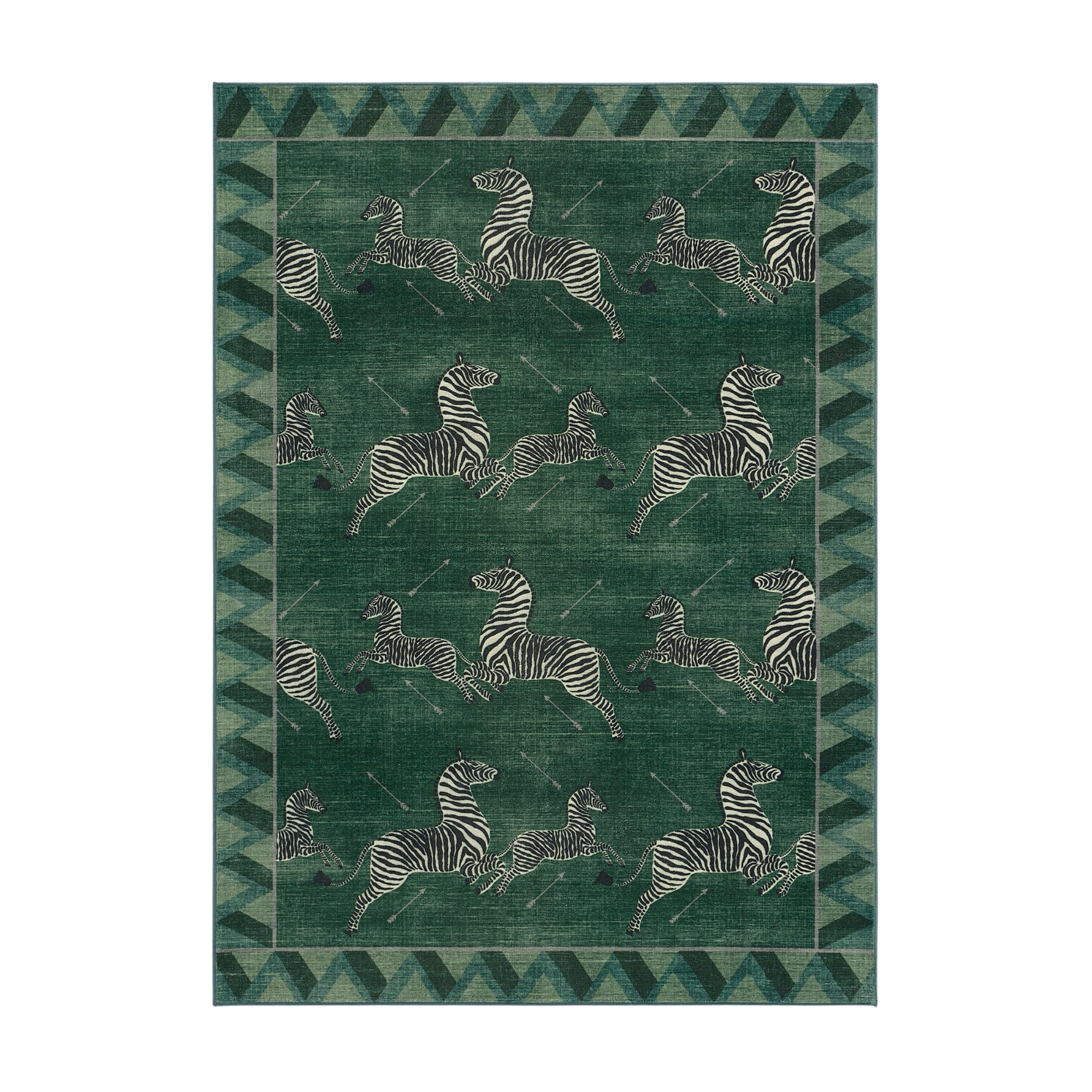 a black and green rug with leaping zebras