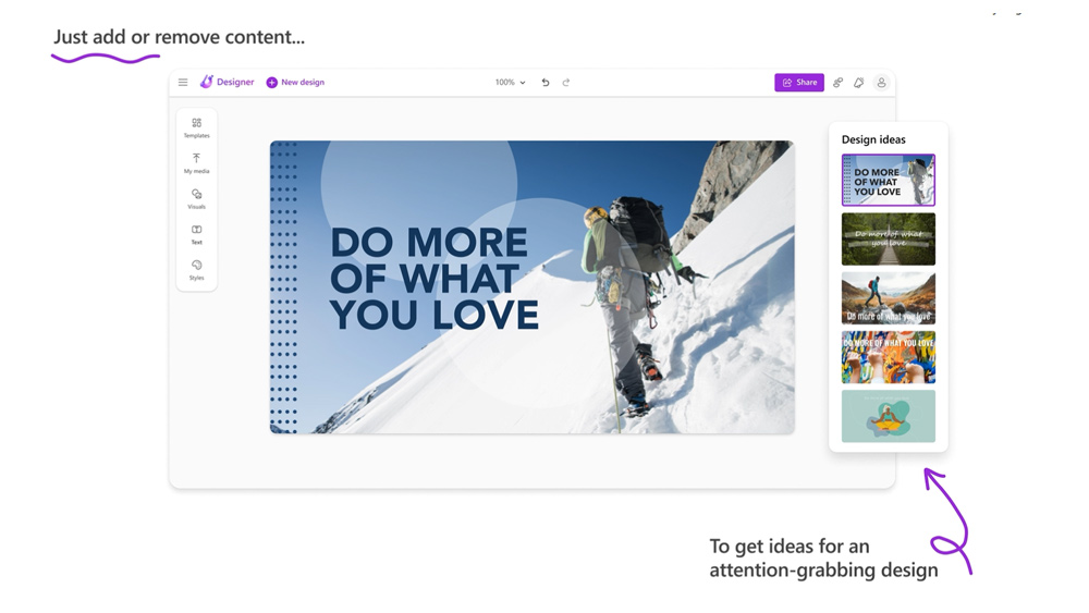 Promotional images explaining the use of Microsoft Designer AI image generator