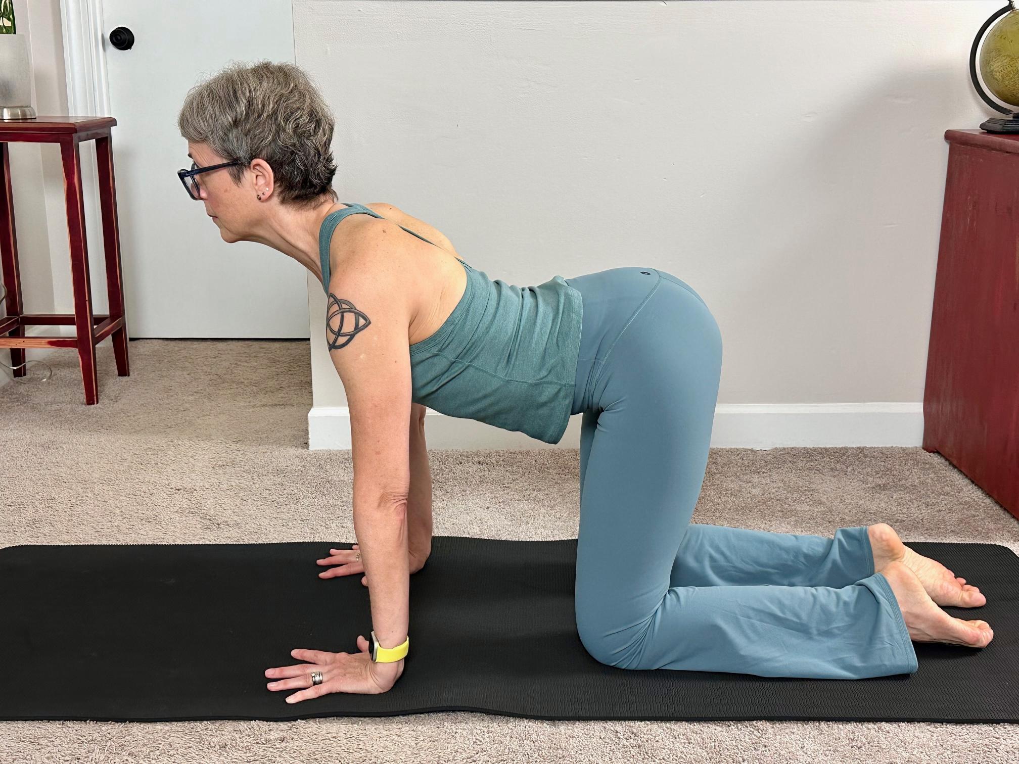woman wearing blue vest and leggings performing cat cow yoga pose