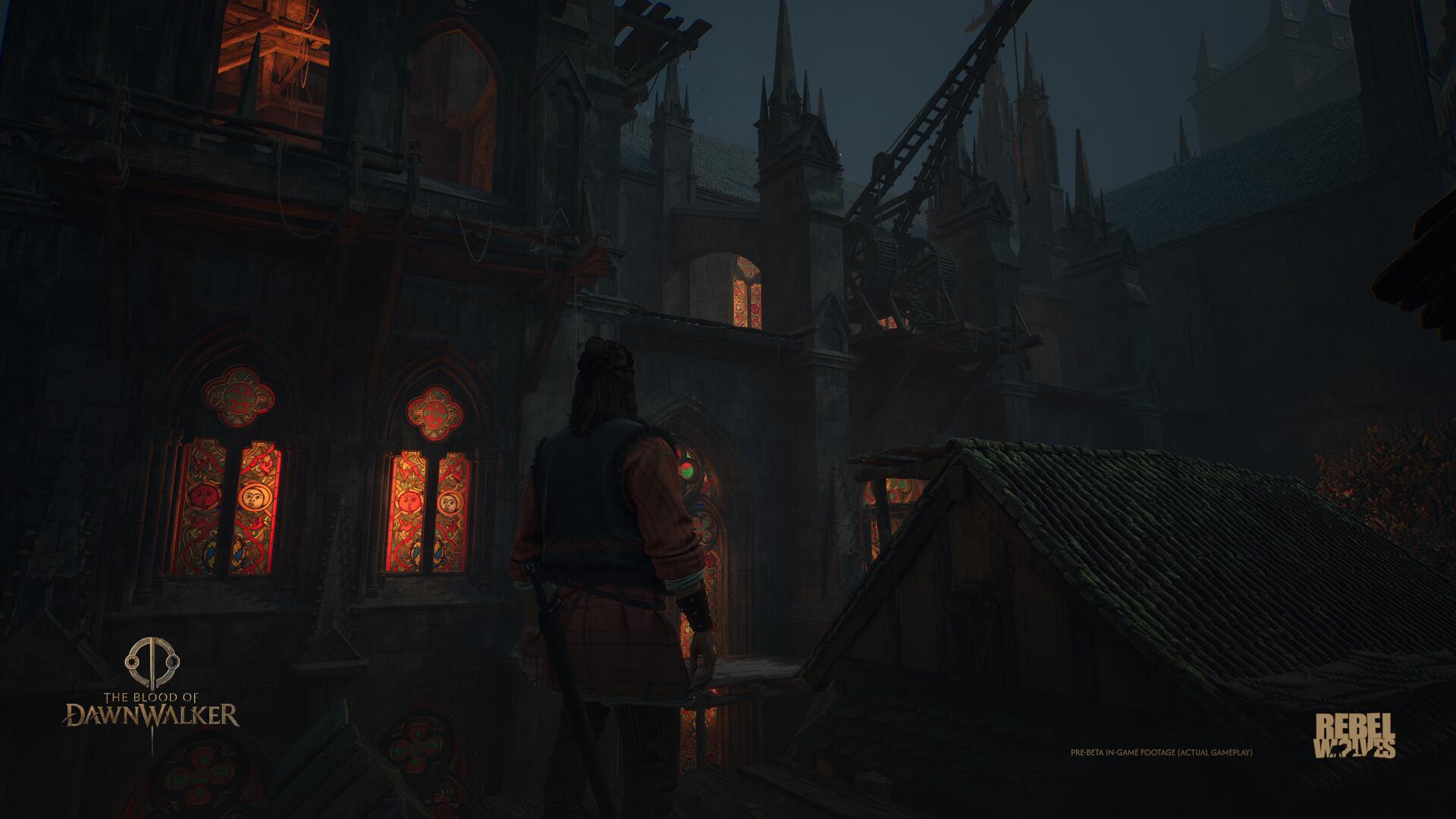 Coen stands on a rooftop in The Blood of Dawnwalker looking at an under construction church