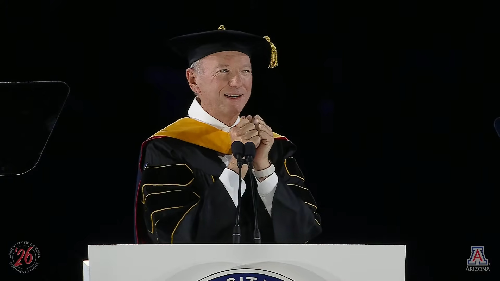Ex-Google CEO Eric Schmidt addressing students at the University of Arizona's 2026 commencement address