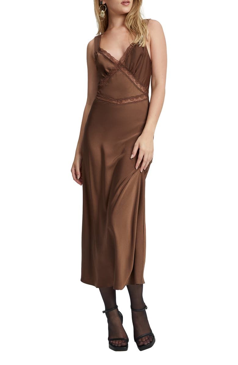 Emory Lace Trim Cutout Satin Midi Slipdress