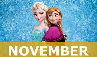 Frozen Anna and Elsa back to back, looking at each other in the snow