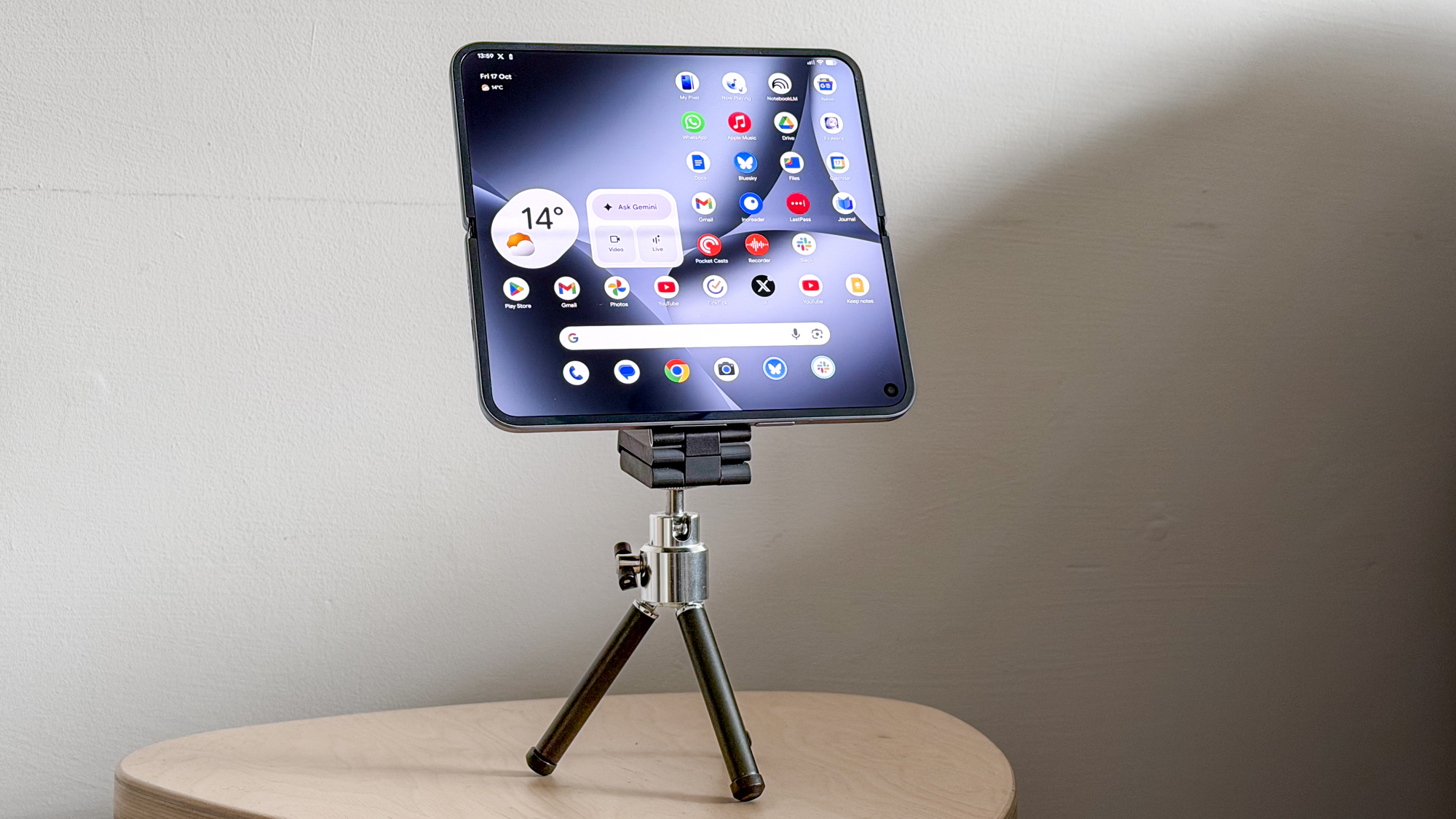 Google Pixel 10 Pro Fold on a tripod with a Belkin MagSafe stand, facing towards the camera