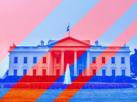 The White House with a designed filter over it showing blue and red stripes, indicating the presidential election. 