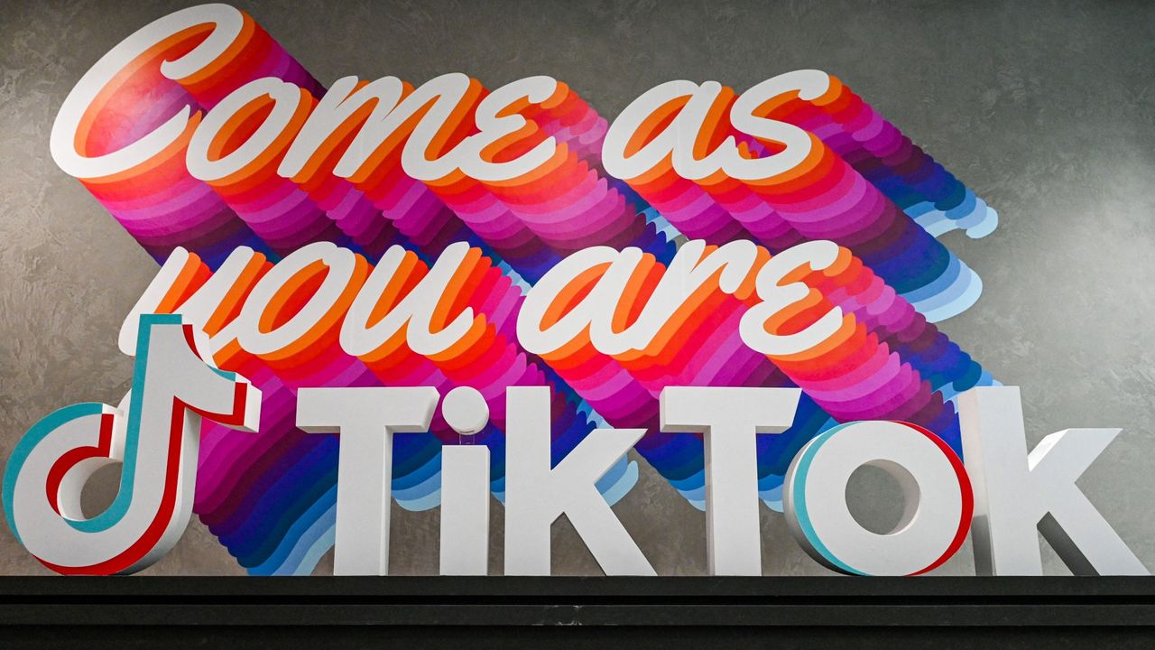 A logo of Tik Tok is seen during a media tour at the company&#039;s headquarters in Singapore