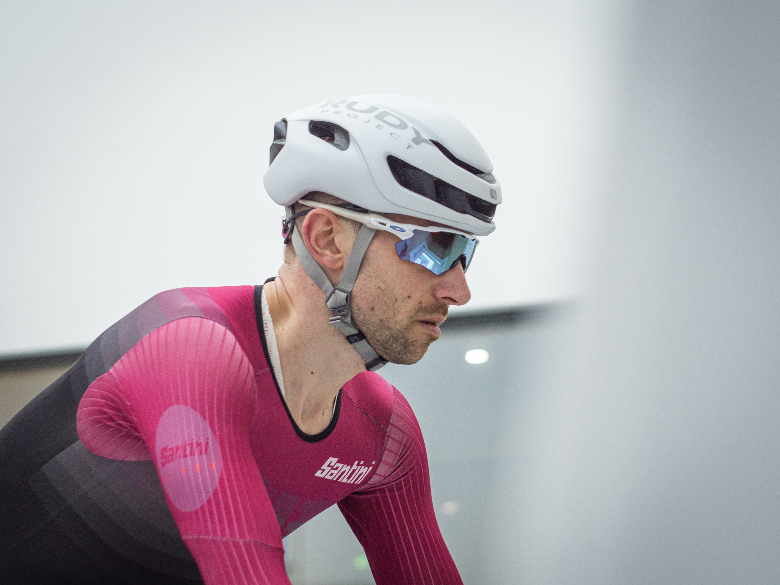 Tom riding in the wind tunnel wearing the Rudy Project Nytron helmet