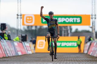 Belgiums Toon Aerts celebrates as he crosses the finish line to win the mens race at the first stage of the Superprestige cyclocross cycling competition in Gieten on October 11 2020 Photo by KRISTOF VAN ACCOM BELGA AFP Belgium OUT Photo by KRISTOF VAN ACCOMBELGAAFP via Getty Images