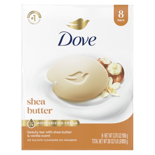 Dove Shea Butter Beauty Bar Soap 8 Count, Cleanser, 3.75 Oz I Beauty Bar | Moisturizing Beauty Bar With &frac14; Moisturizing Cream and Shea Butter for Soft, Radiant Skin