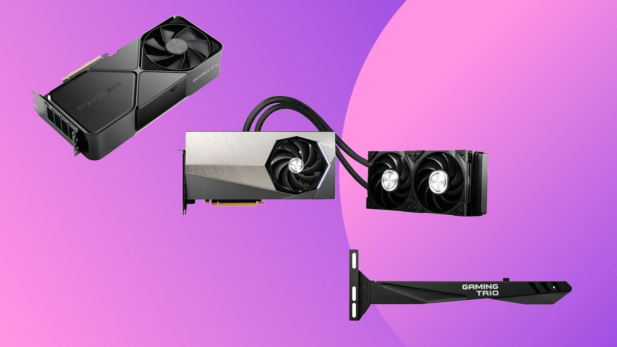 three graphics cards on a purple background