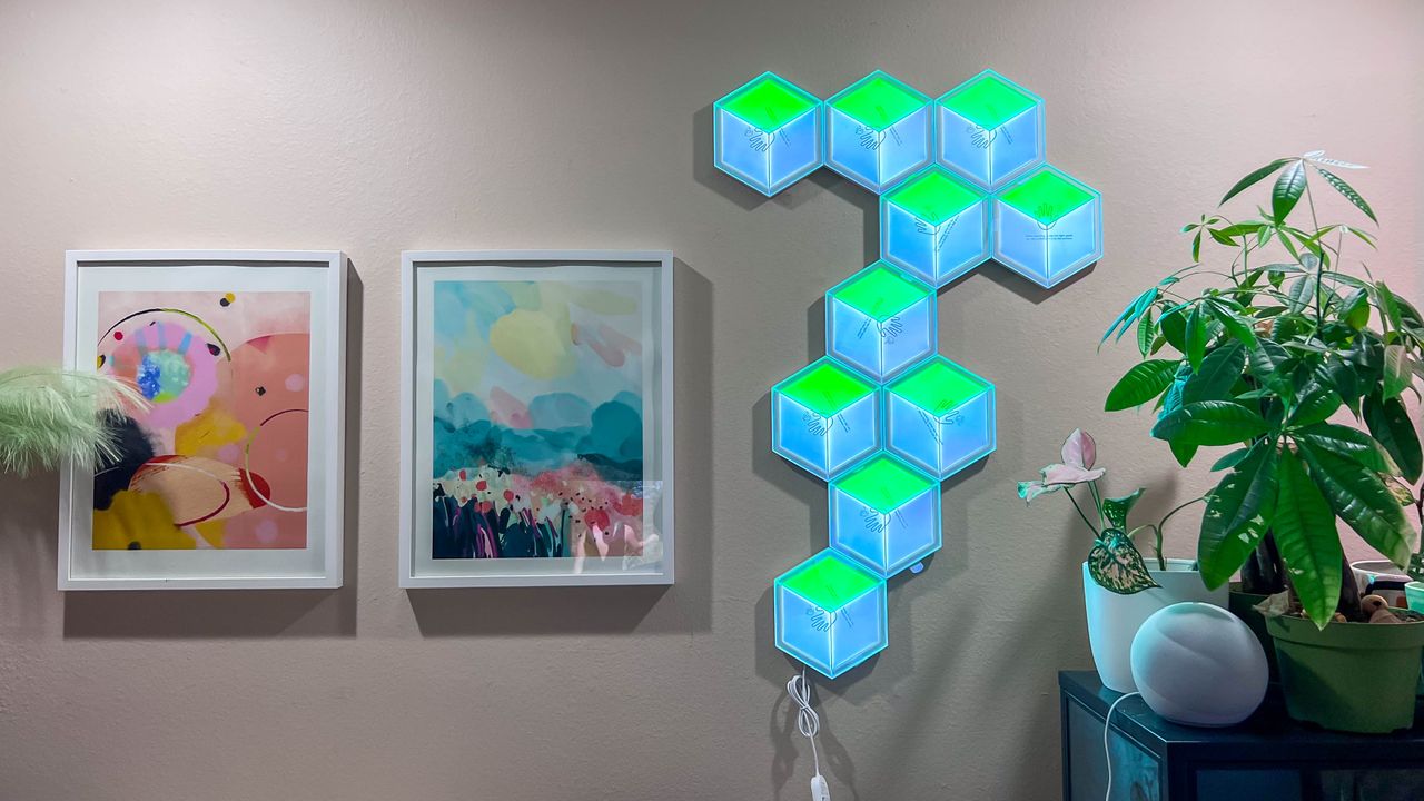 Govee Glide Hexagon Light Panels Ultra in the author's living room during testing