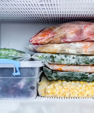 An image of a freezer shelf with food bagged up and stacked inside