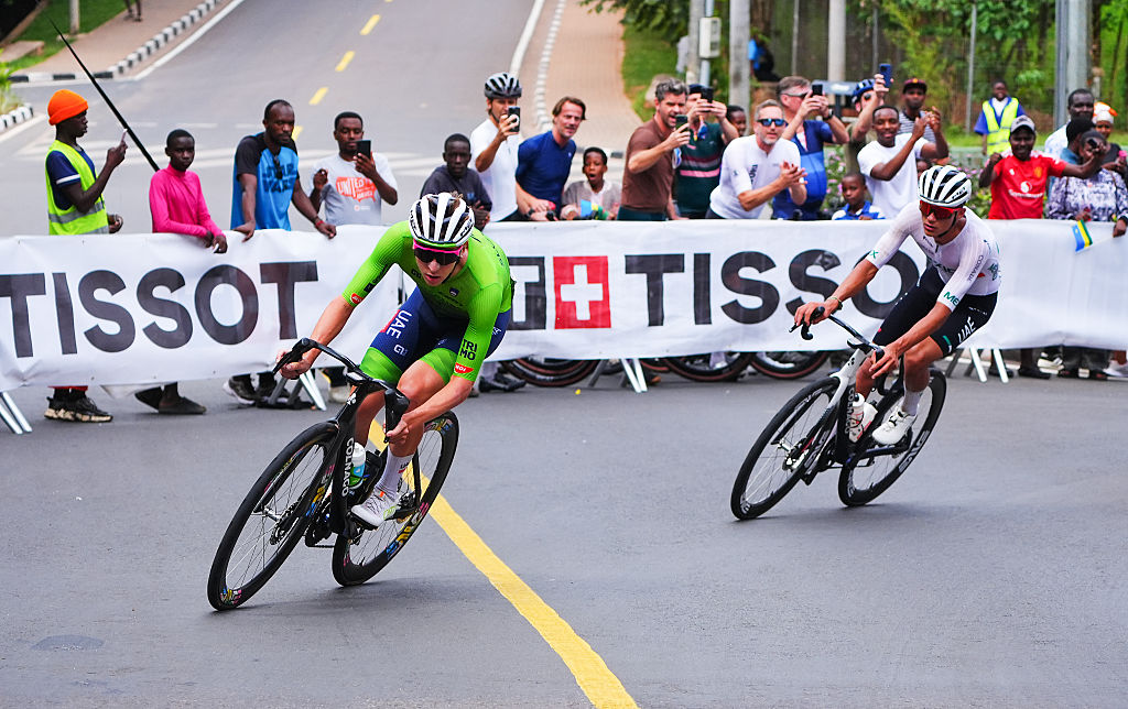 KIGALI, RWANDA - SEPTEMBER 28: (L-R) Tadej Pogacar of Team Slovenia and Isaac Del Toro of Team Mexico during the training prior to the 98th UCI Cycling World Championships Kigali 2025 - Previews, on September 24, 2025 in Kigali, Rwanda. (Photo by Zac Williams - Pool/Getty Images)