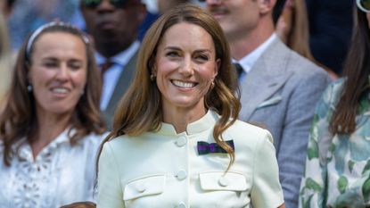 Catherine, Princess of Wales smiles as she arrives in the Royal Box for the Ladies' Singles Final at Wimbledon on July 12th, 2025