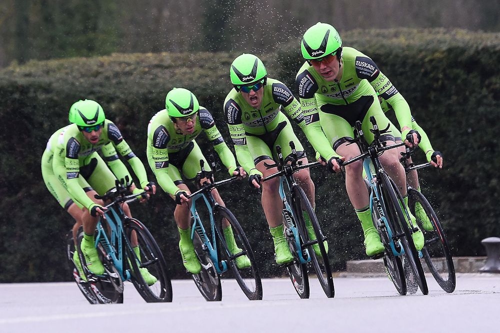 Team Euskadi Basque Country Murias ride during the Team Time Trial on day one of the tour of 'La Mediterraneenne'