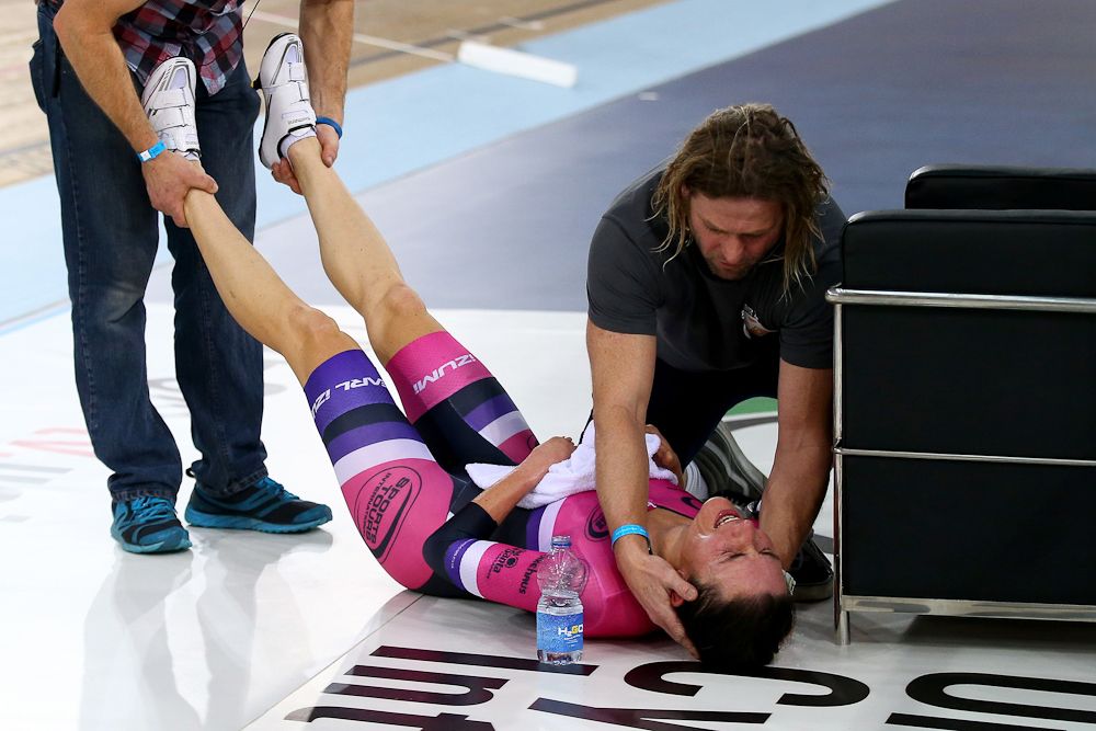 Dame Sarah Storey receives treatment after her Women's Hour Record attempt at the Lee Valley Velodrome.
