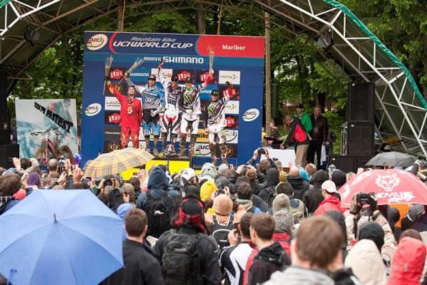 Men's downhill podium in Maribor, Slovenia