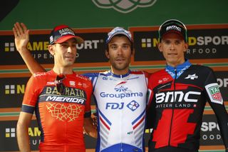 The 2018 Il Lombardia podium (l-r): Vincenzo Nibali, Thibaut Pinot and Dylan Teuns