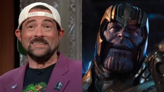 Kevin Smith speaks on The Late Show, while Thanos (Josh Brolin) speaks in Avengers: Infinity War