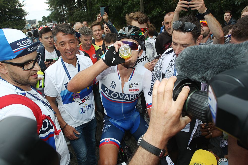 Peter Sagan surrounded after winning the European championships road race
