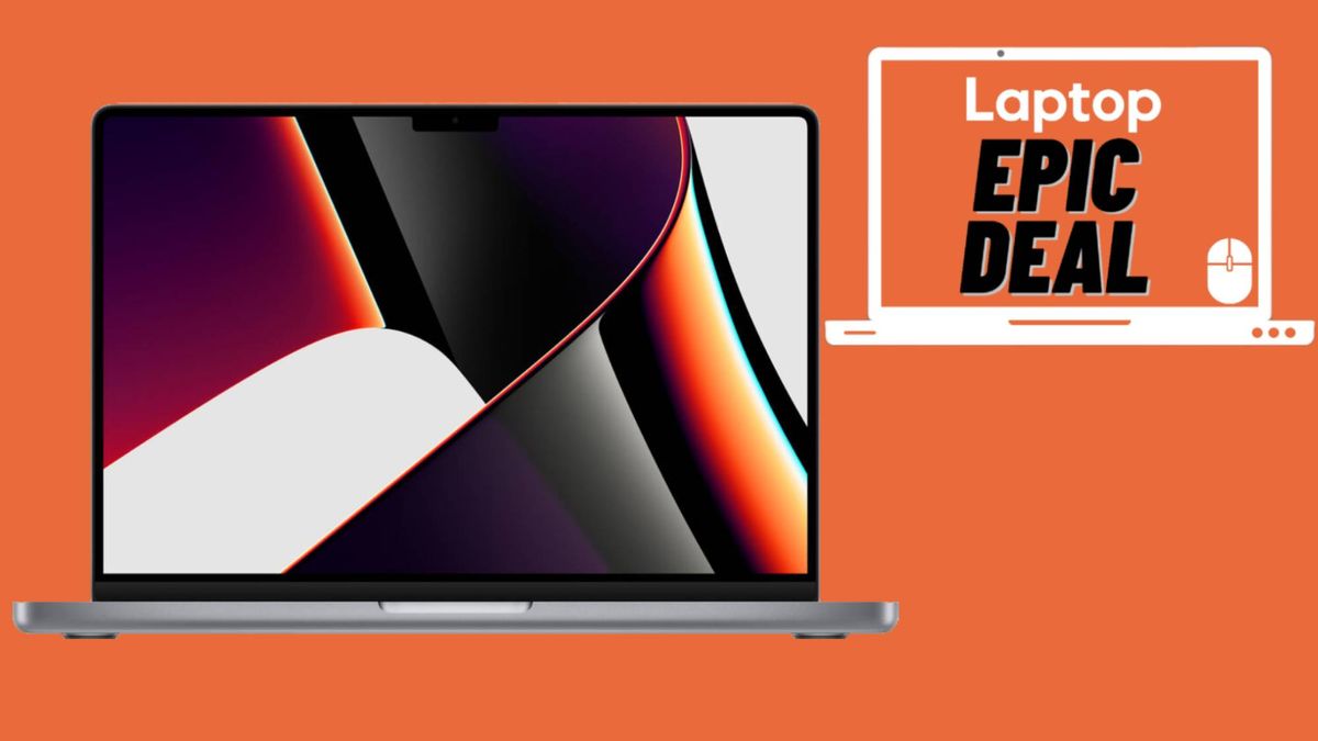 MacBook Pro 14 M1 Max in silver colorway against orange background