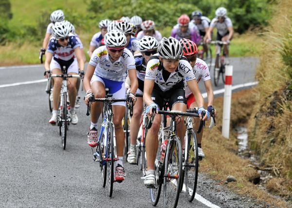 Kaytee Boyd (NZ National Team) leads the peloton up the Pahiatua Track climb.