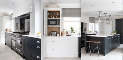 Shaker style kitchen with white and black cabinets and quartz worktop