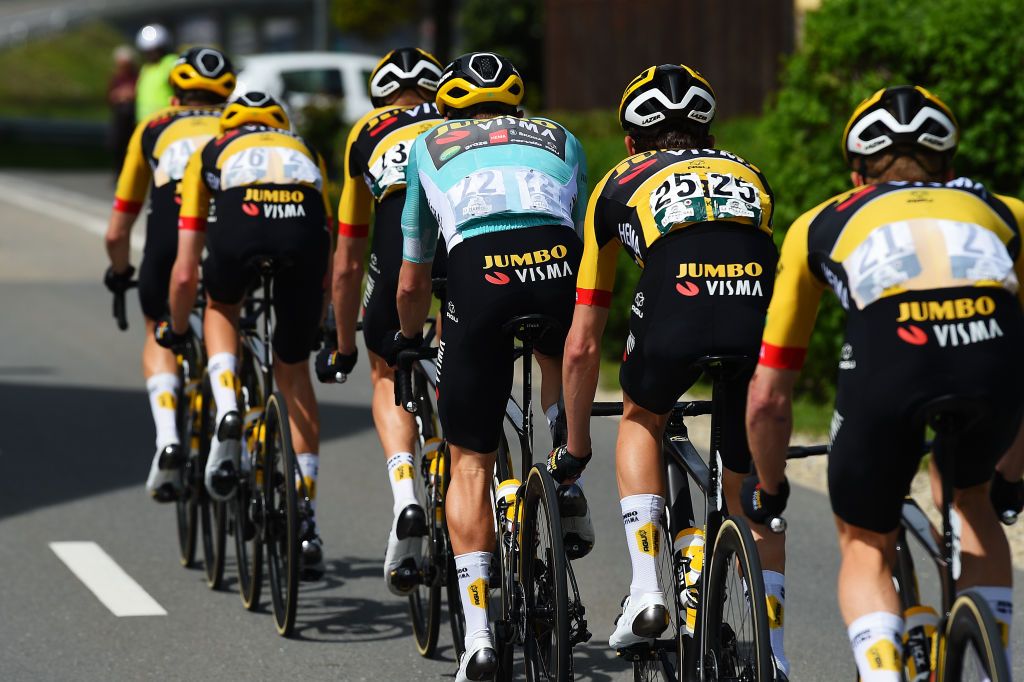 VALBROYE SWITZERLAND APRIL 29 Rohan Dennis of Australia and Team Jumbo Visma Turquoise Leader Jersey C with teammates compete during the 75th Tour De Romandie 2022 Stage 3 a 1651km stage from Valbroye to Valbroye TDR2022 on April 29 2022 in Valbroyeon Switzerland Photo by Dario BelingheriGetty Images