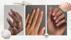 A collage of shell-like manicures: on the left is a hand with milky white nails by manicurist Julia Diogo (@paintedbyjools), followed by a hand with pale yellow nails and a hand with pink and blue sheer iridescent nails, by nail artist Mateja Novakovic (@matejanova). All featured on a white background with stock images of shells and pearls.