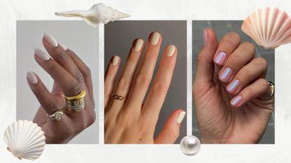A collage of shell-like manicures: on the left is a hand with milky white nails by manicurist Julia Diogo (@paintedbyjools), followed by a hand with pale yellow nails and a hand with pink and blue sheer iridescent nails, by nail artist Mateja Novakovic (@matejanova). All featured on a white background with stock images of shells and pearls.