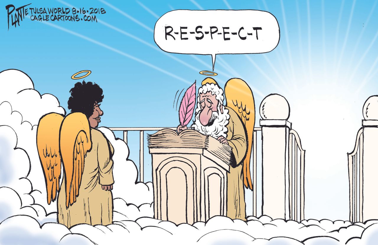 Editorial cartoon U.S. Aretha Franklin respect queen of soul music heaven angel obituary