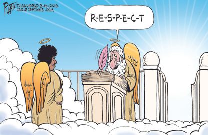 Editorial cartoon U.S. Aretha Franklin respect queen of soul music heaven angel obituary