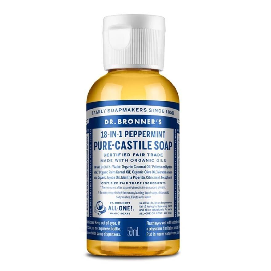 Dr. Bronner's - Pure-Castile Liquid Soap (peppermint, Travel Size, 2 Ounce) - Made With Organic Oils, 18-In-1 Uses: Face, Body, Hair, Laundry, Pets and Dishes, Concentrated, Vegan, Non-Gmo