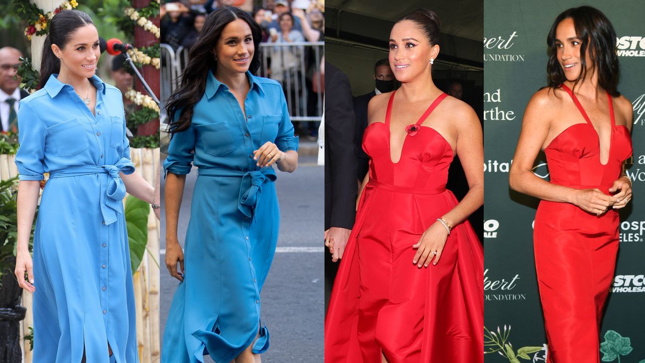 Meghan Markle wearing the same blue shirt dress and smiling in two different photos and a photo of her wearing a red ballgown and the same dress without the train