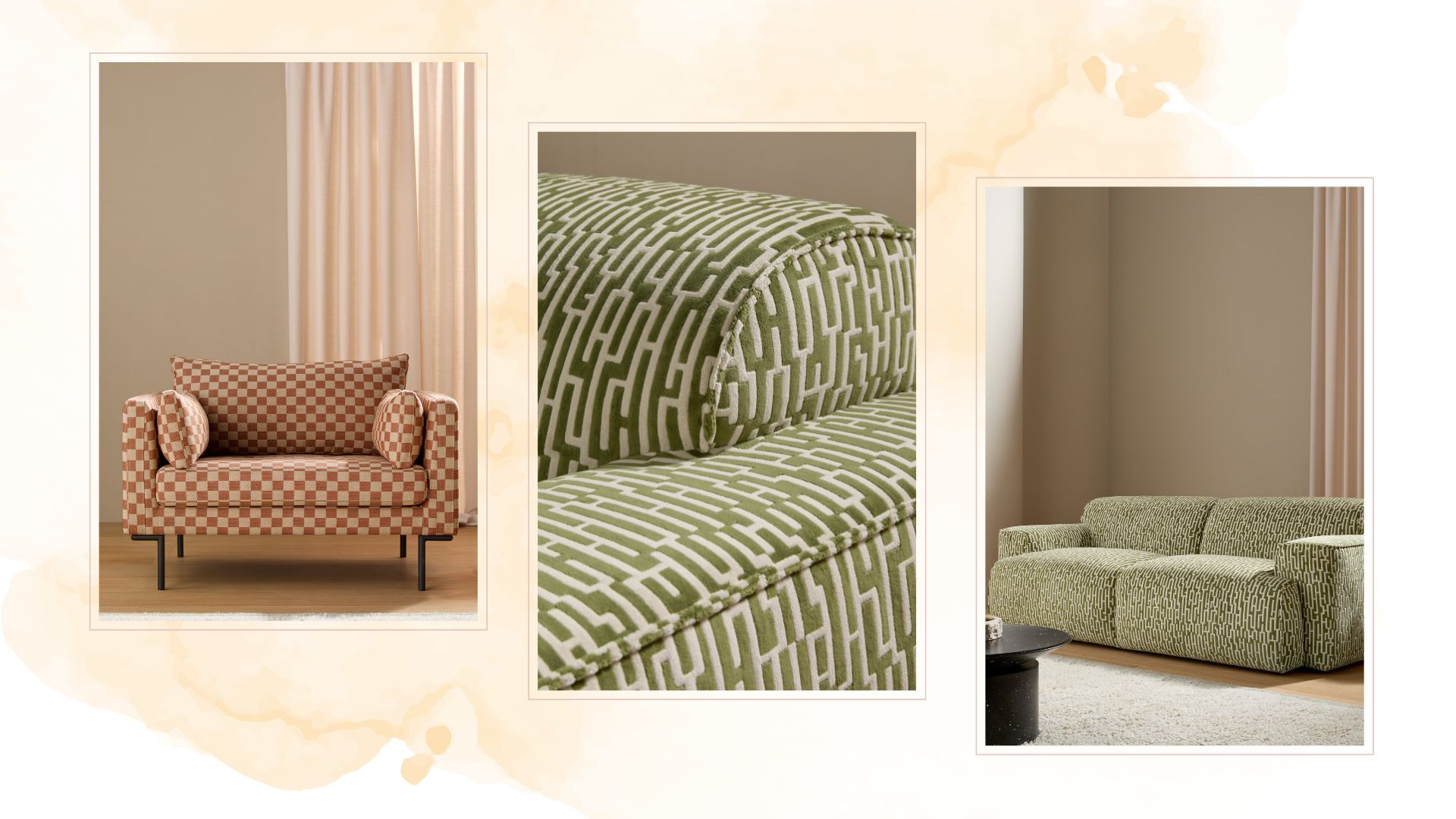 Collage of a patterned armchair and sofa from the new MADE X Harlequin collection