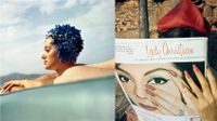 Woman in pool with swimming cap and woman reading magazine with painted nails