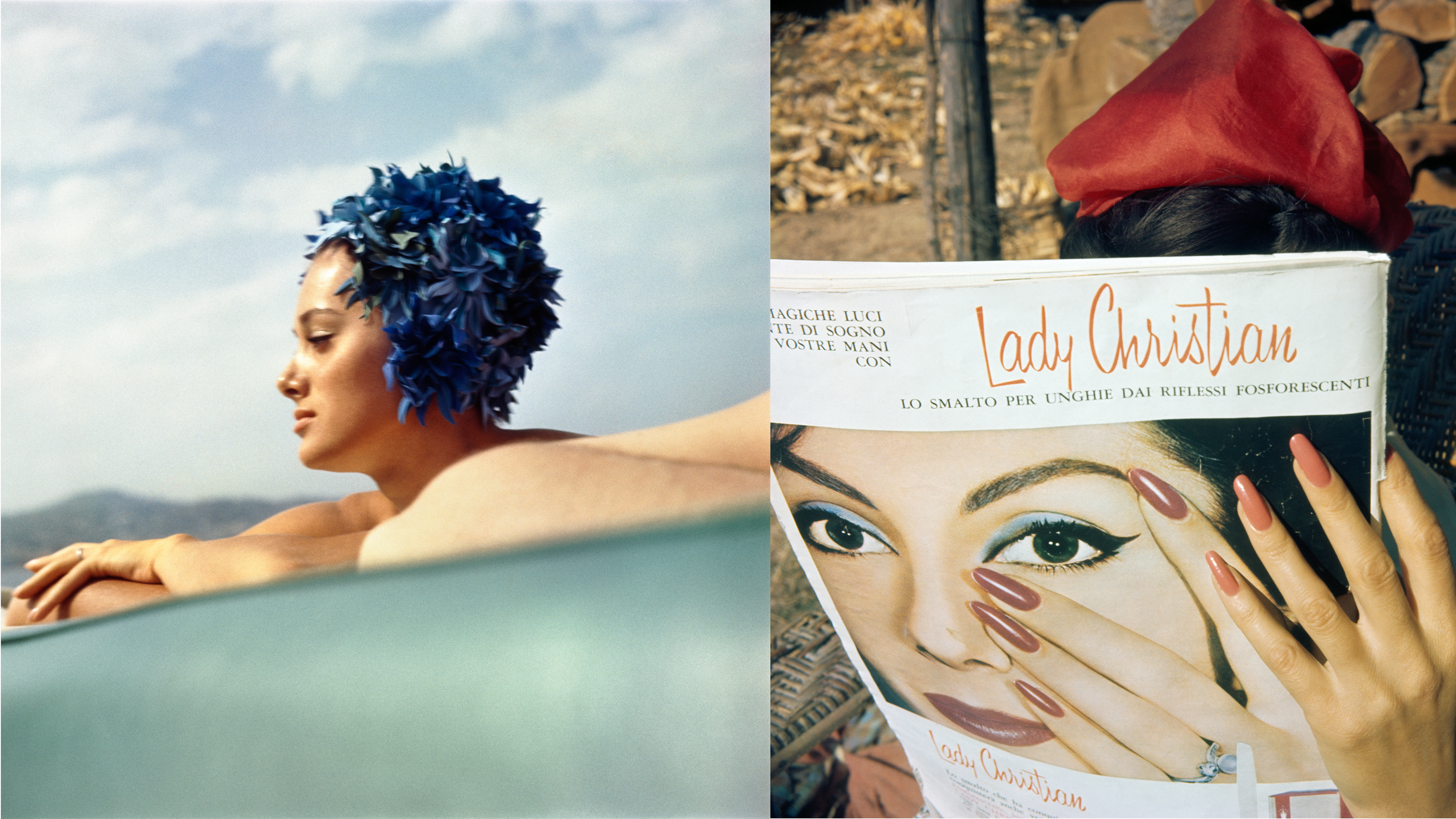 Woman in pool with swimming cap and woman reading magazine with painted nails