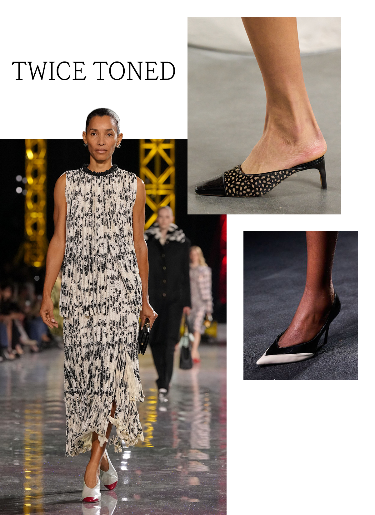 A slide showcasing the fall/winter 2026 two-tone shoe trend with the title, "Twice Toned," on it. Models at Ferragamo, Chanel, and Ulla Johnson are featured.